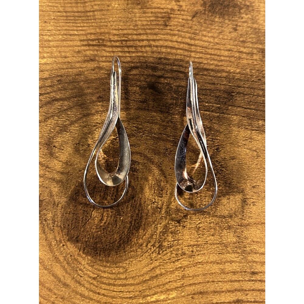Long Forged Sterling Silver Hoop Earrings Handmade Artisan Dangle Drop 925